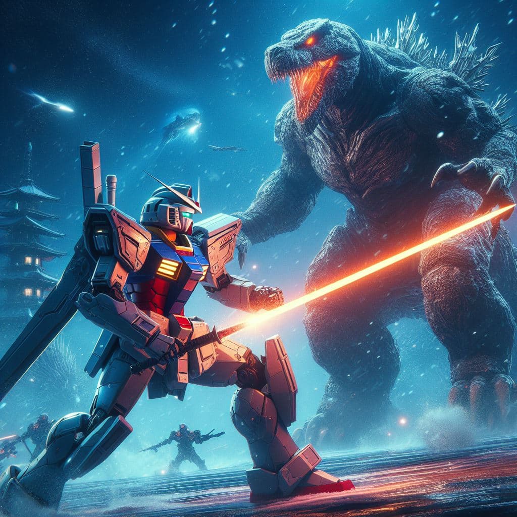 AI generated: Gundam haciendo el ataque final en el aire contra el Mechagodzilla (メカゴジラ Mekagojira), masterpiece, ...