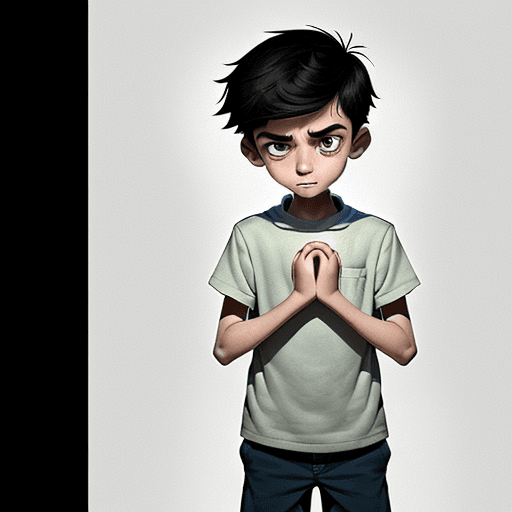 AI generated: A young puzzled boy pulls out his empty pockets with his hands while looking at the viewer of the im...