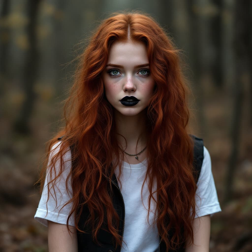 AI generated: 20 year old red haired girl, long length curly red hair, stunning green eyes. wearing vest and stand...