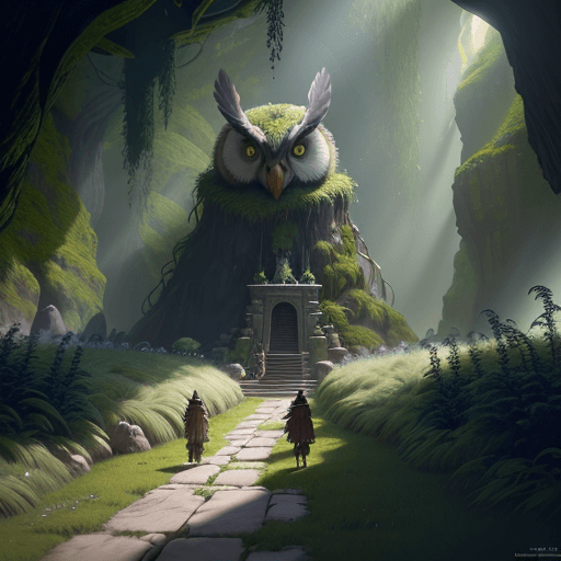 AI generated: A giant owl shaman idol in the background inside a cave full of grassy algae plants on the walls,fir...