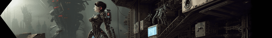 AI generated: a woman inside a mechanical exoskeleton machine, steampunk, cyberpunk, futuristic, sci-fi, on a batt...