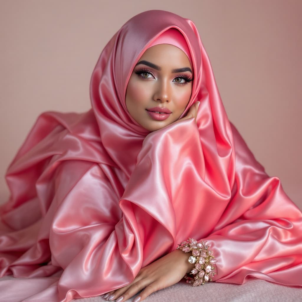 AI generated: curvy indonesian wearing very glossy pink 
satin hijabs and high heels
