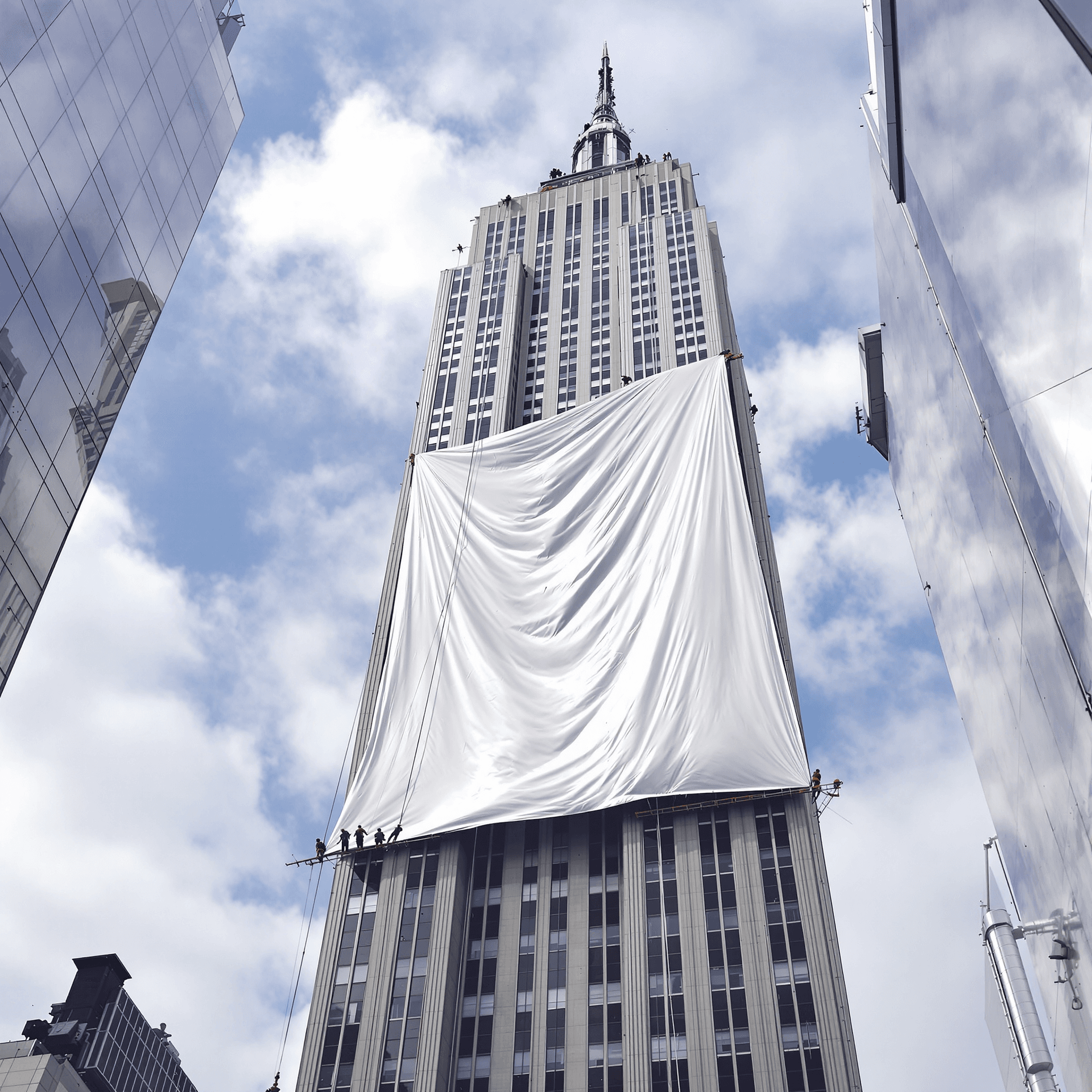 AI generated: The iconic Empire State Building in New York City, with a team of workers carefully installing a mas...