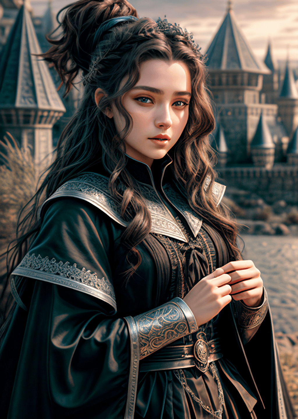 AI generated: medium shot waist up photo of fearsome young witch wearing intricate robes and silver pauldrons, mag...