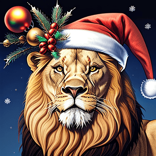 AI generated: D.A.R.E lion, Christmas hat on his head