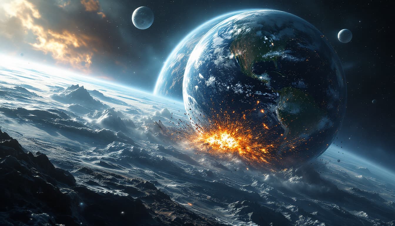 AI generated: A dramatic scene depicts an interstellar planet crashing into the Earth's surface, with the planet i...