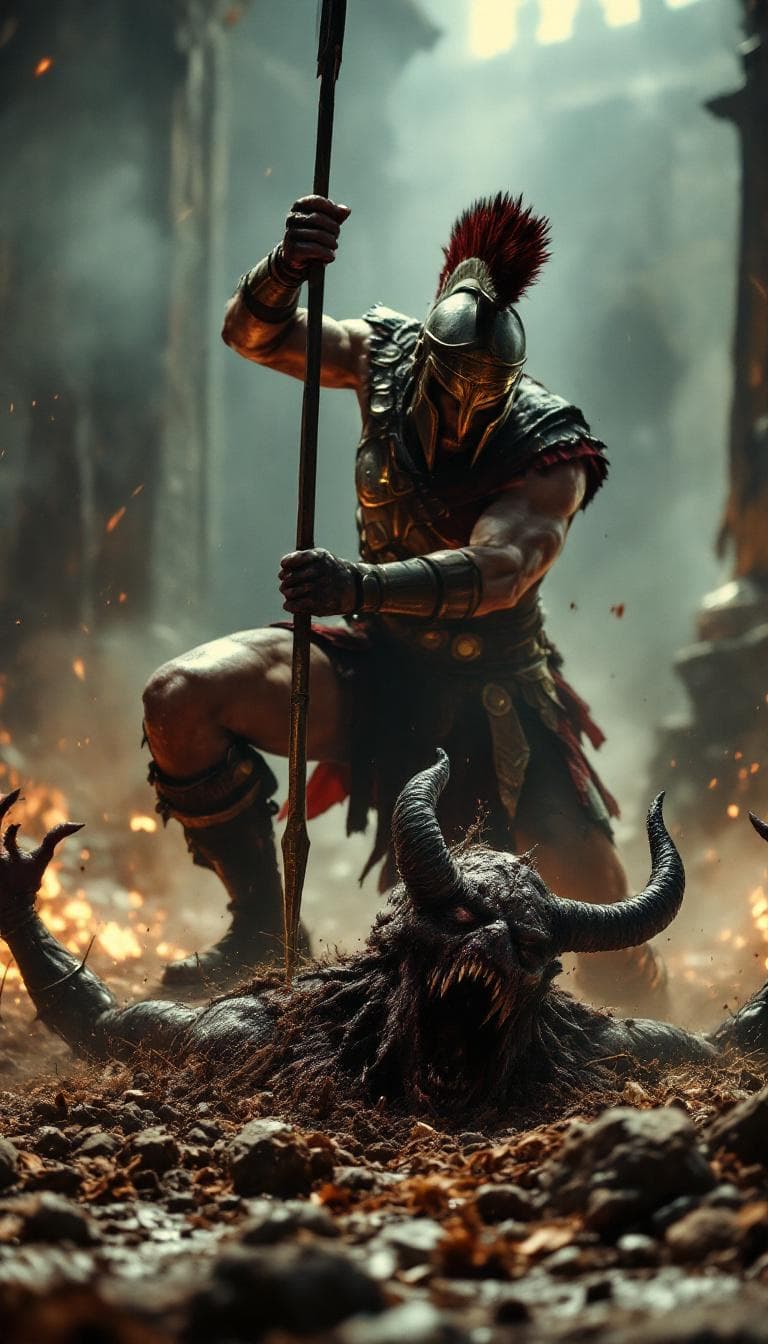 AI generated: realistic spartan warrior in an attacking pose, thrusting a spear downward towards a demon coming up...