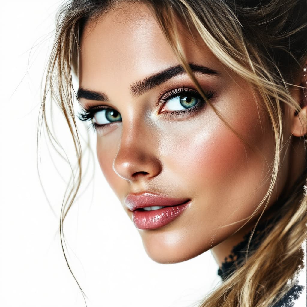 AI generated: lithograph of a beautiful smiling woman, side view, slight smile, white background, dramatic lightin...