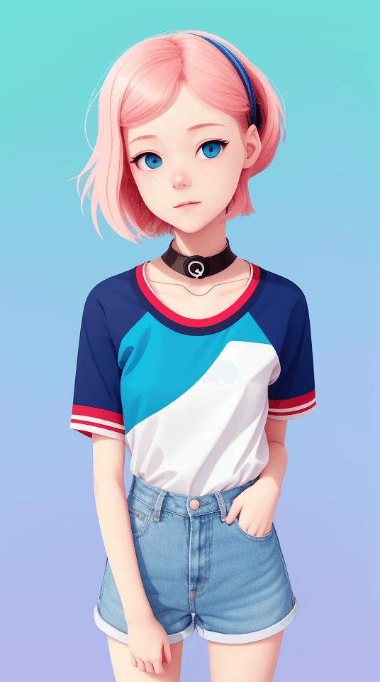 AI generated: [European 1girl 16 years old, kind, smile, short red wavy hair, blue eyes, (white striped t-shirt:1....