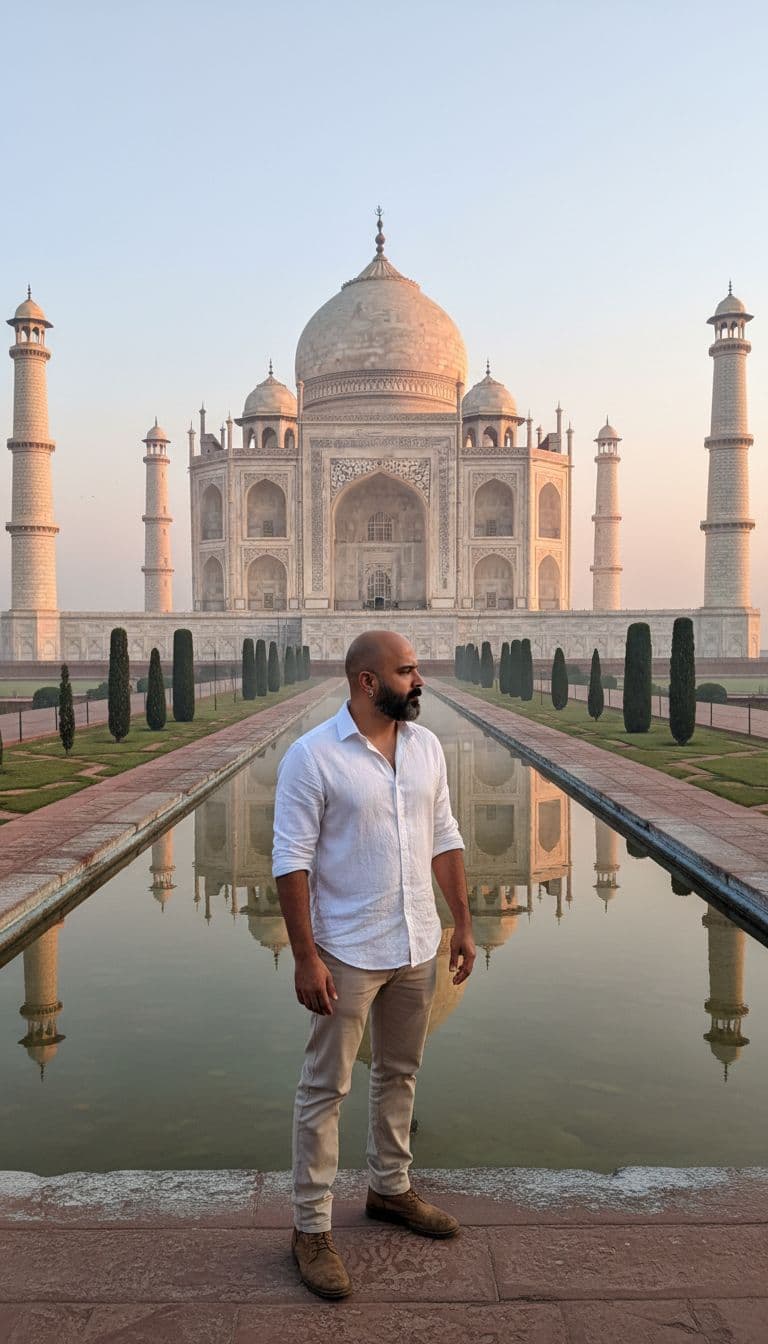 AI generated:  wide-angle shot of the Taj Mahal at sunrise, a man front of taj mahal, wearing a white linen shirt ...