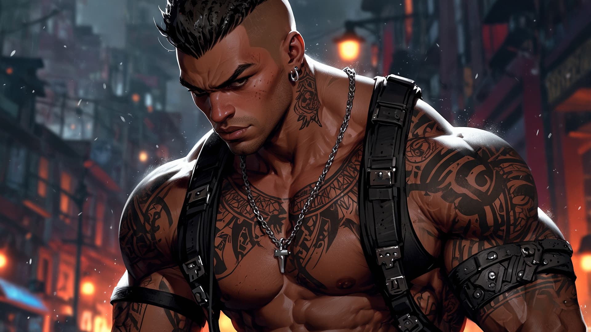 AI generated: Highly stylized and dramatic portrait of a muscular man with a dark, intense atmosphere. The subject...