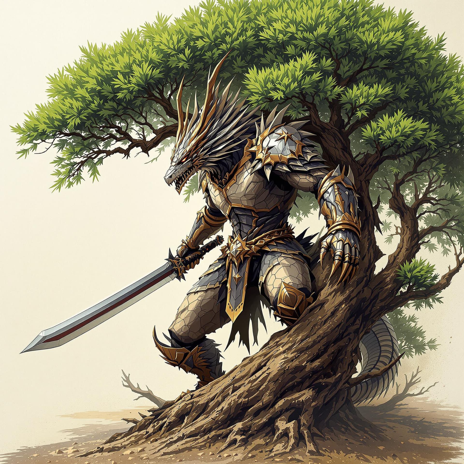 AI generated: Samurái con armadura de dragón en posición de combate rodeado de árboles 