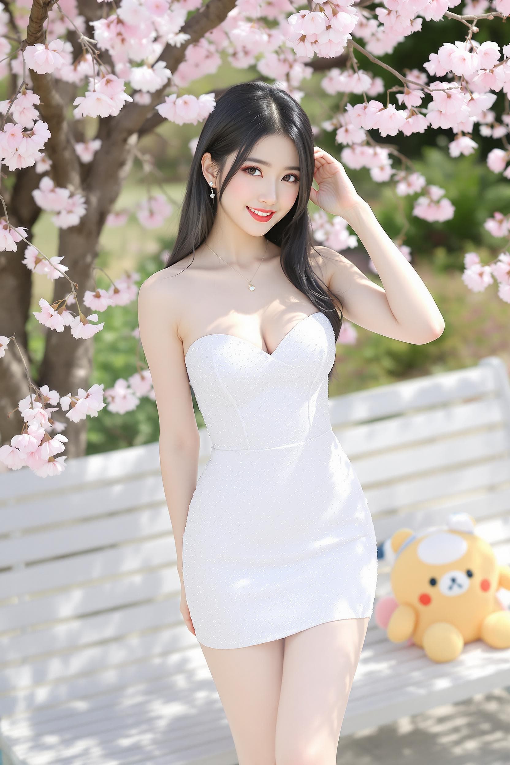 AI generated: 3D Render, full body, 1girl, outdoors, garden, cherry blossoms, standing split near the tree,, shot ...