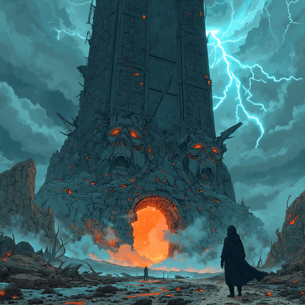 AI generated: A colossal, ancient tower rises endlessly into the storm-wracked sky, its blackened stone walls jagg...