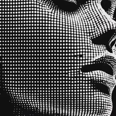 AI generated video: a simple white dotted dots forming the 3D shape of a woman's face, 3D design, vector illustration, o...