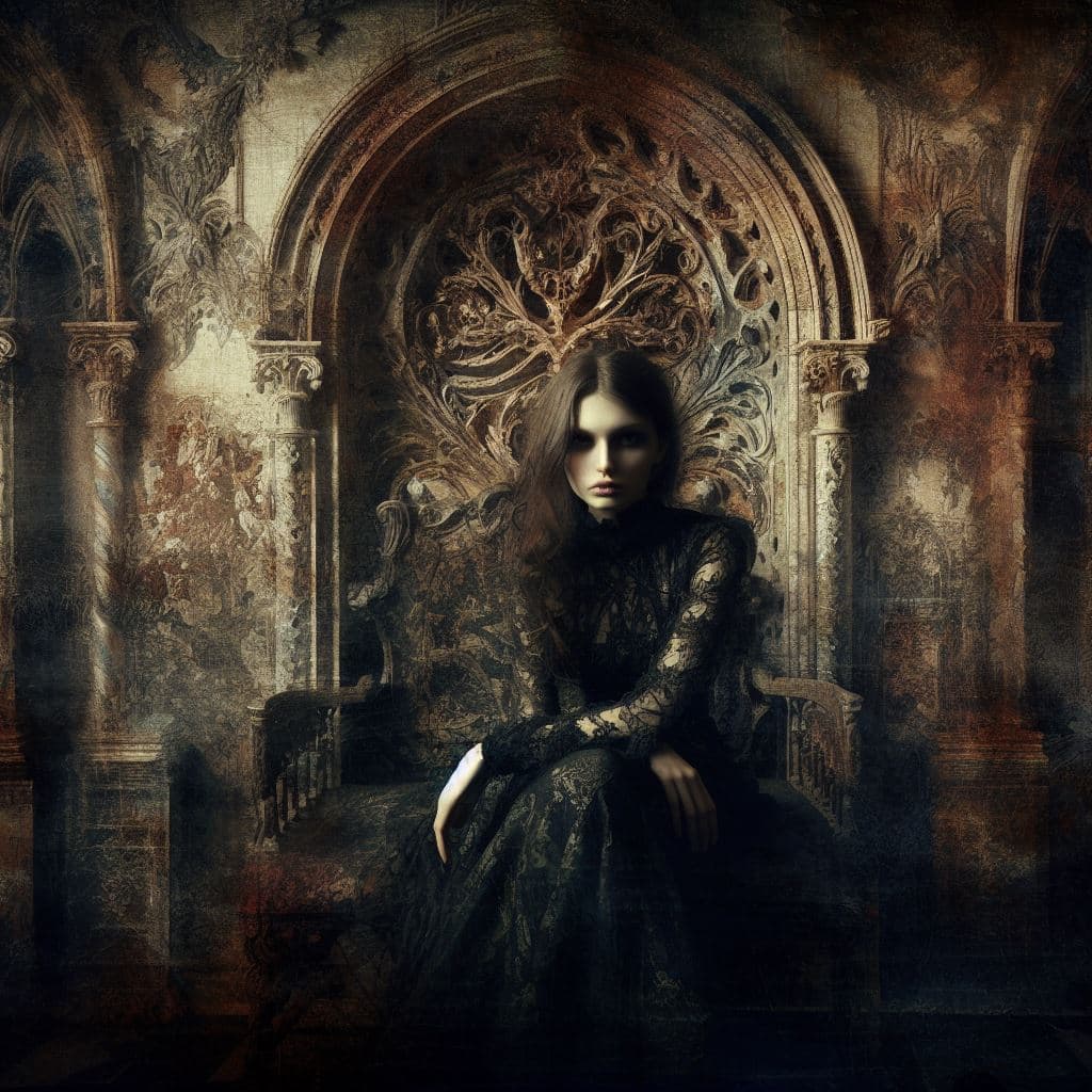 AI generated: A portrait of a mysterious woman sitting in an ornate, gothic throne room, with subtle elements of f...
