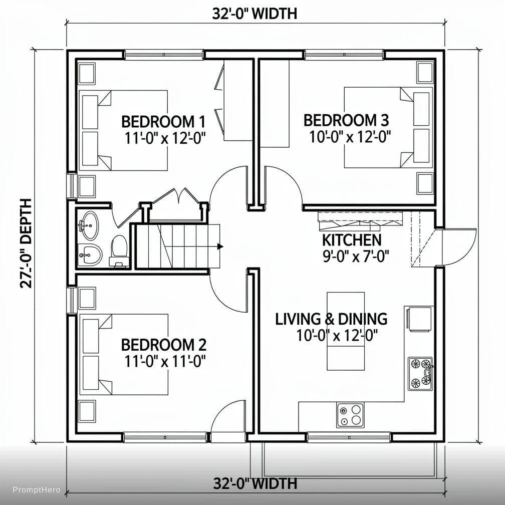 AI generated: Create a detailed, accurately scaled 2D architectural floor plan on a clean white background. The ov...