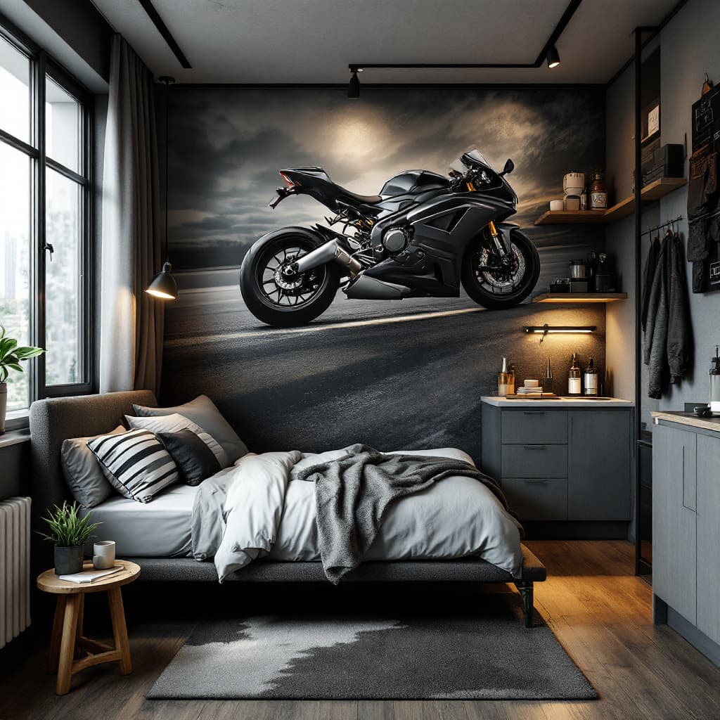 AI generated: Design a compact studio bedroom for a motorcycle-loving 25-year-old in an 8x5m space. Includes a coz...