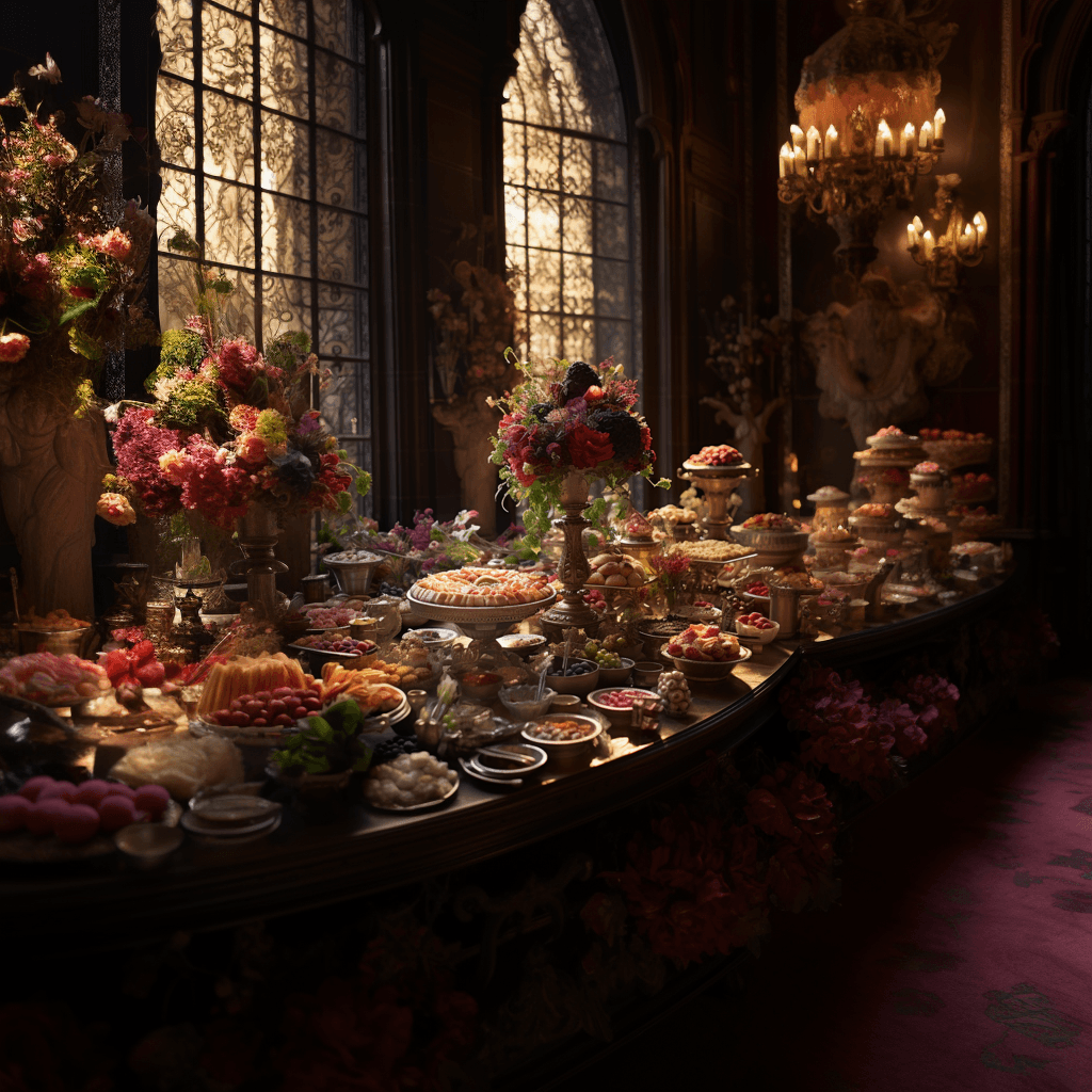AI generated: Royal birthday celebration buffet food table in the palace, 

flowers, 

extravagant, 

excess...