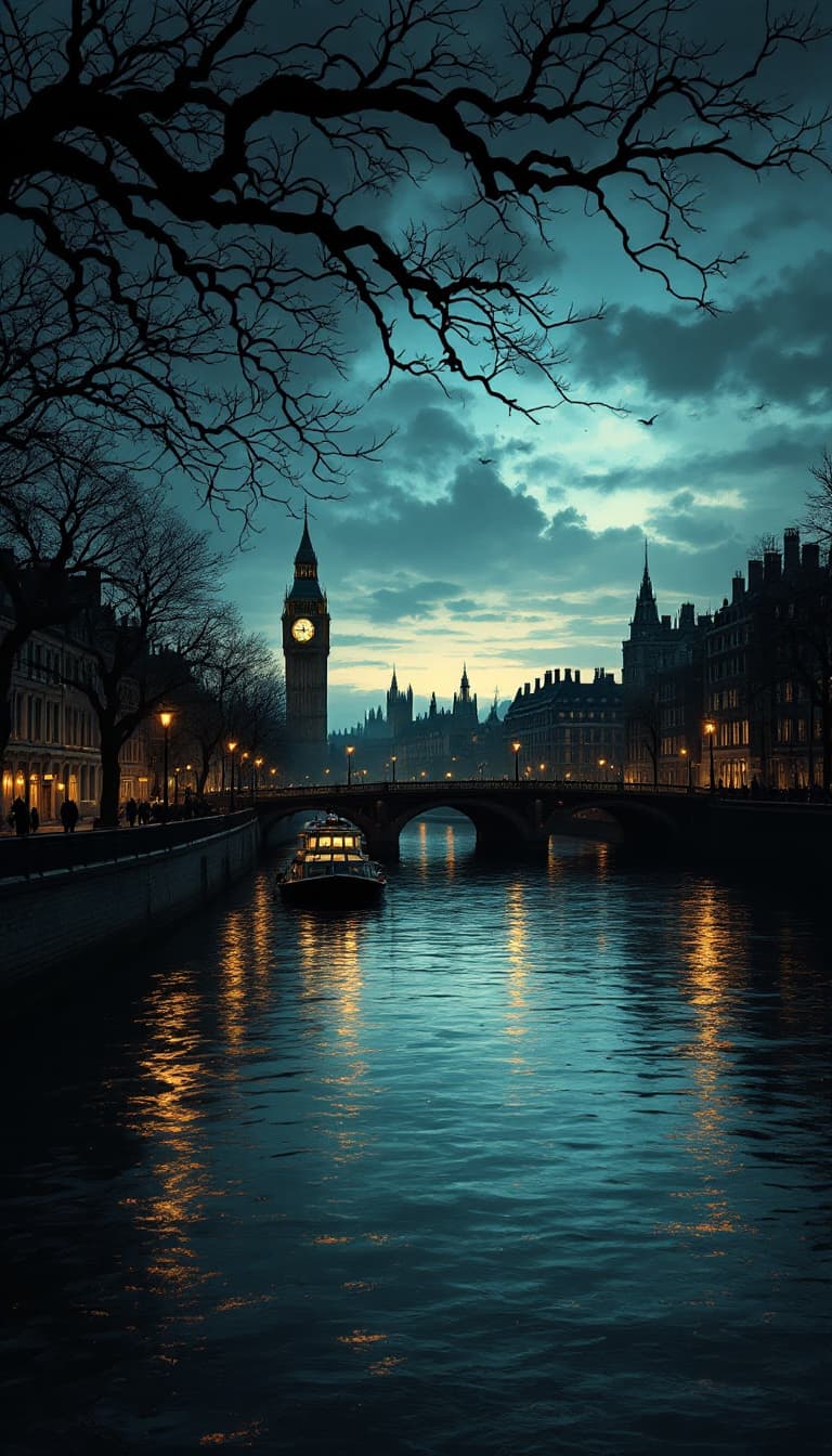 AI generated: Create an image in the style of a Victorian Penny Dreadful comic illustration of The Thames river at...