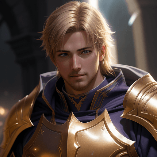 AI generated: Holy male paladin, looking straight at the viewer, serious facial expression, heavenly aura, bokeh, ...