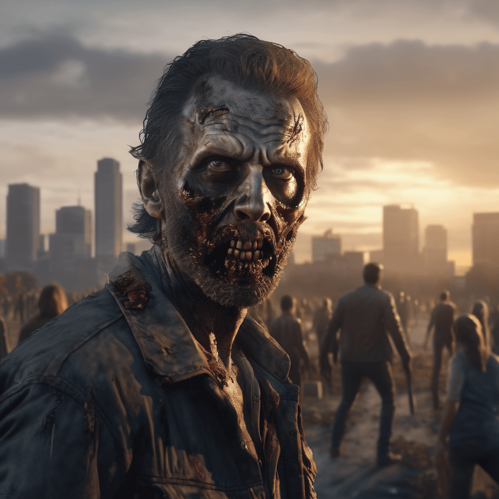 AI generated: The walking dead zombie, hyperrealistic Portrait, destroyed city landscape at dusk, detailed, 8k, UH...