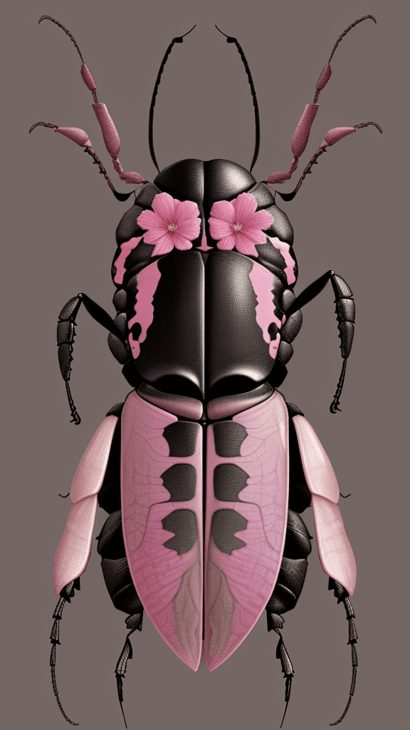 AI generated: floral beetle wearing a (long:1.2) pink (scarf:1.3), a beetle with arms and a head, (dark shot:1.17)...
