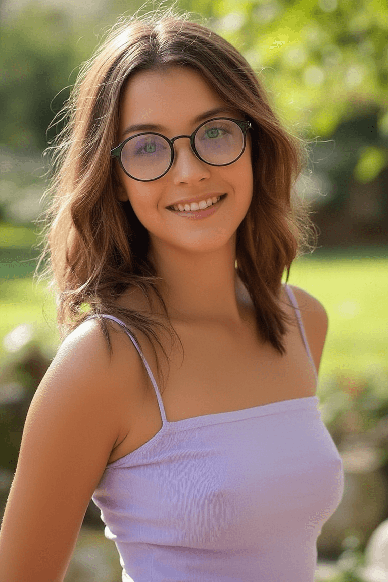 AI generated: Create a photorealistic portrait of a fit adult female wearing round glasses and a light purple spag...