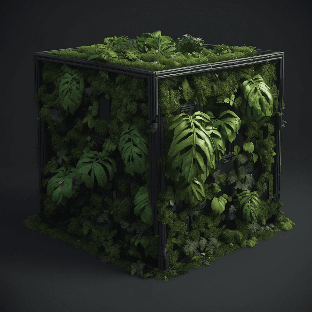 AI generated: jungle in the frame cube size, isometric, 10*10*10, perspective, 3d render, unreal engine, black bac...