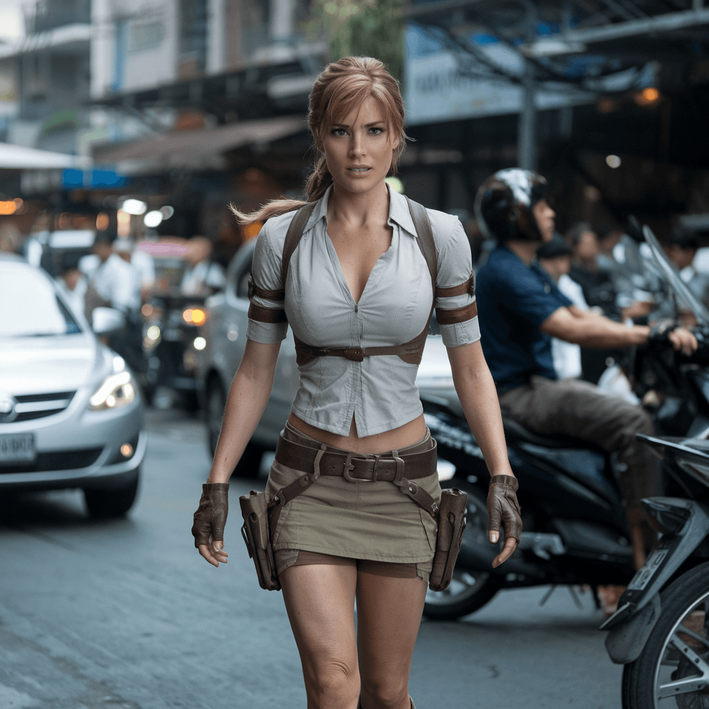 AI generated: Lara Croft outfit,full body. blond hair and blue eyes, walk in street bangkok