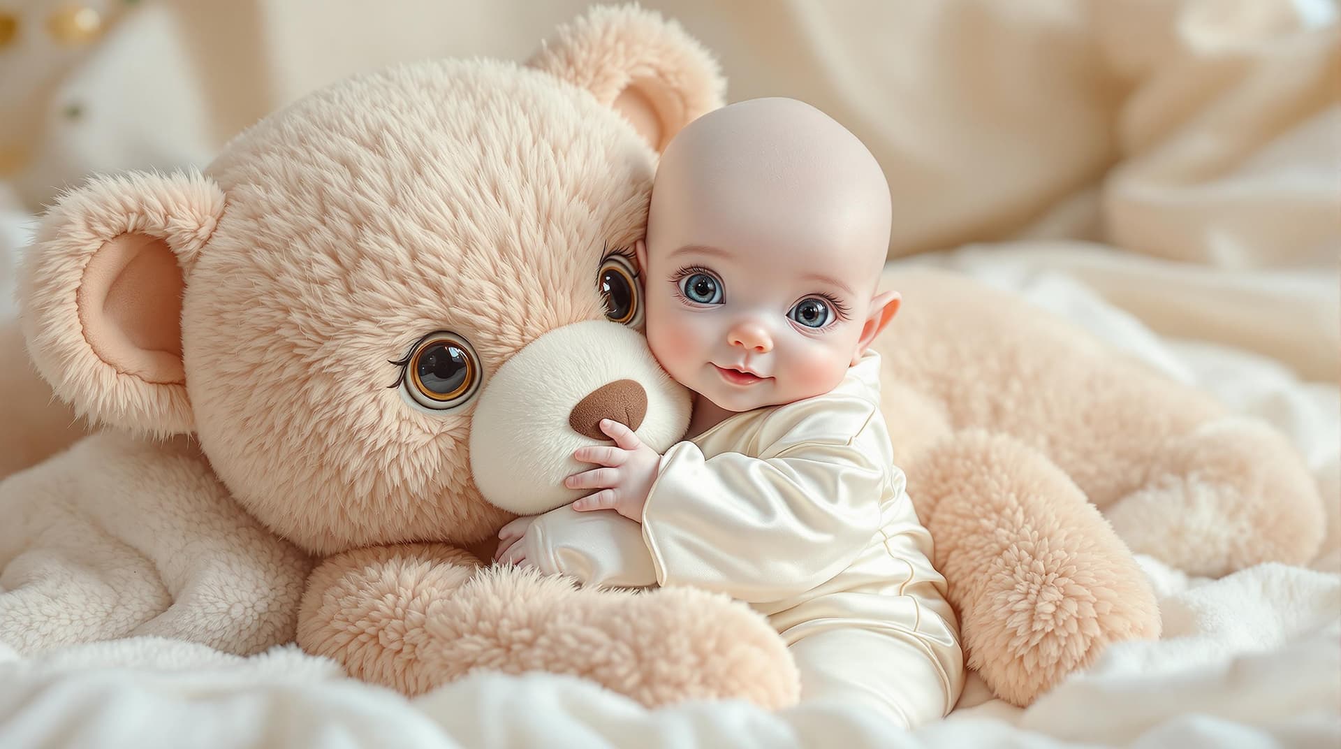 AI generated:  a beautiful and (cute alien baby ) with topaz color eyes, wearing a silk white adorable pyjamas, hu...