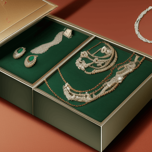 AI generated: Create a highly realistic promotional image of a luxury jewelry box that opens to reveal its content...