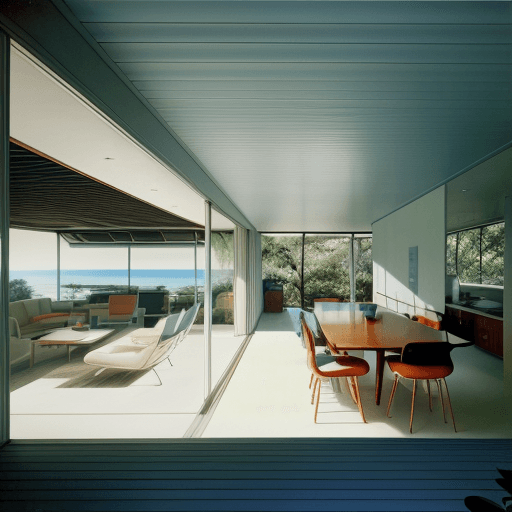 AI generated: Hyper realistic eye level exterior photo of a mid century modern style house overlooking the ocean, ...