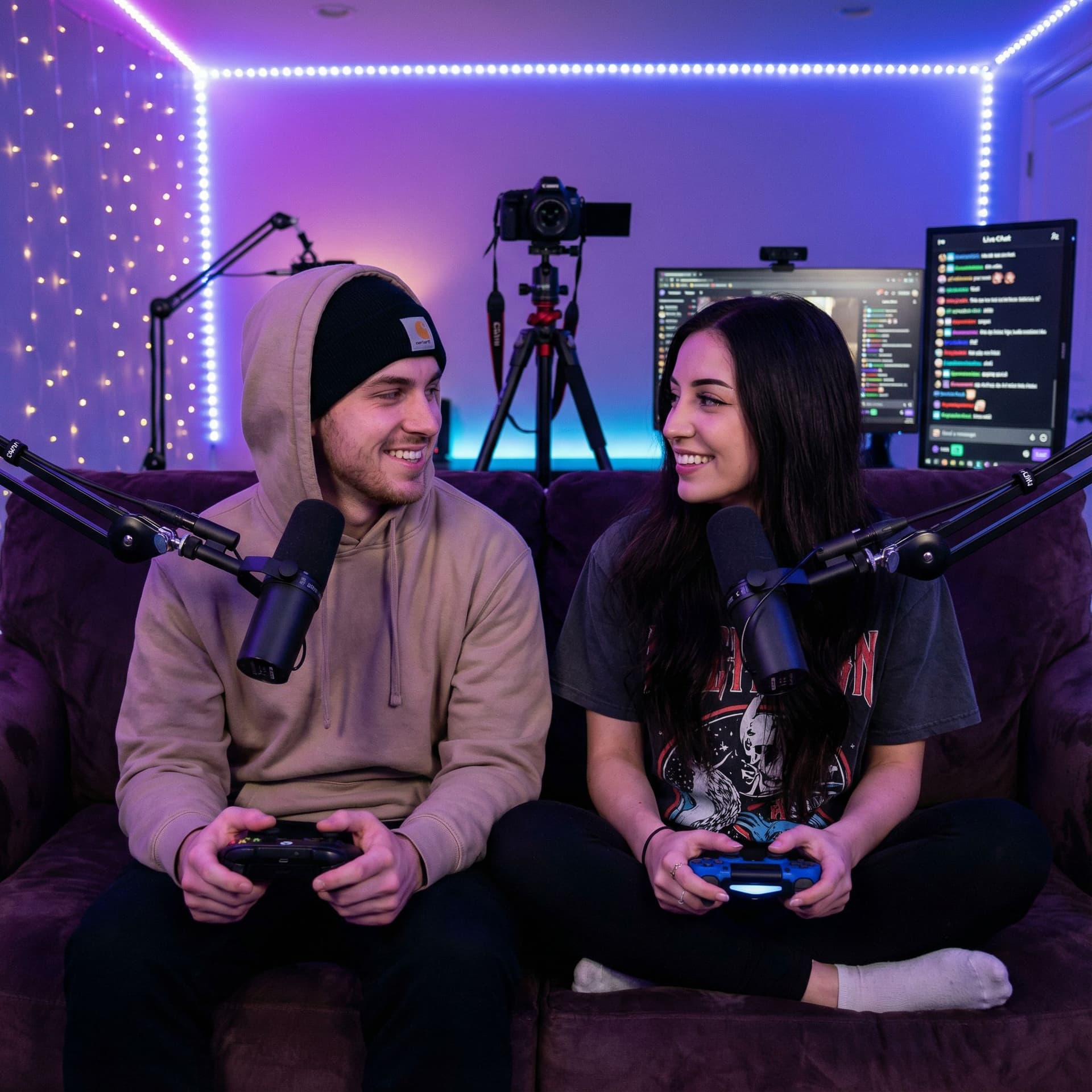 AI generated: A young male streamer with modern streetwear and a confident female streamer with long dark hair, bo...