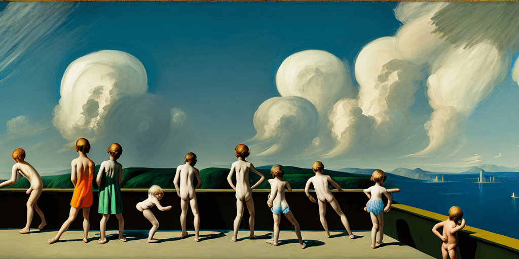 AI generated: neo rauch, edward hopper, david hockney, children playing on rooftop, people looking to horizon, epi...