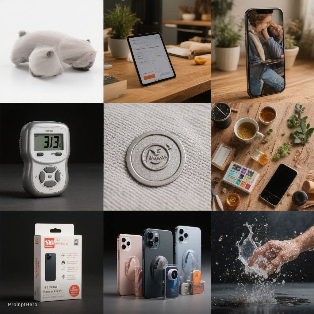 AI generated: A 3x3 grid layout collage showcasing diverse photography styles for 
the product. Top-left: clean wh...