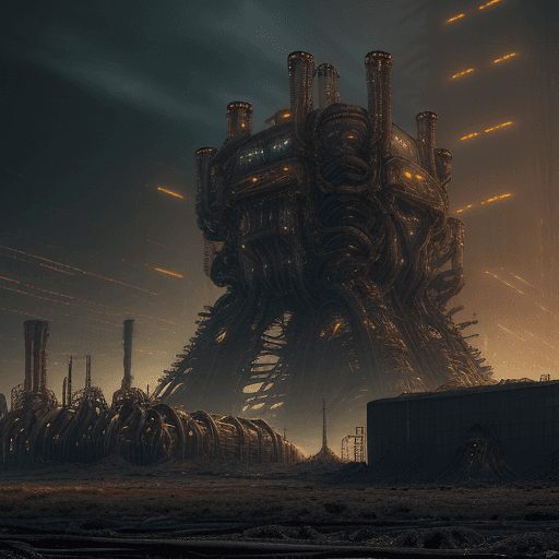 AI generated: A cold, desolate industrial landscape stretches endlessly, filled with metallic structures warped in...