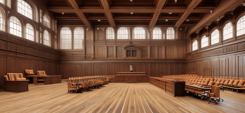 AI generated: High resolution photography interior design, official court room, wooden floor, small windows openin...
