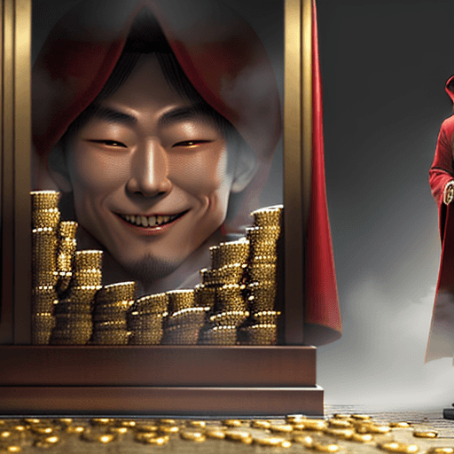 AI generated: High resolution picture. full frontal of korean man wearing a regal red robe with hood holding bags ...
