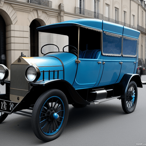 AI generated: High resolution photography.vehicule avec chauffeur d'époque la jamais contente  Ton bleu metal