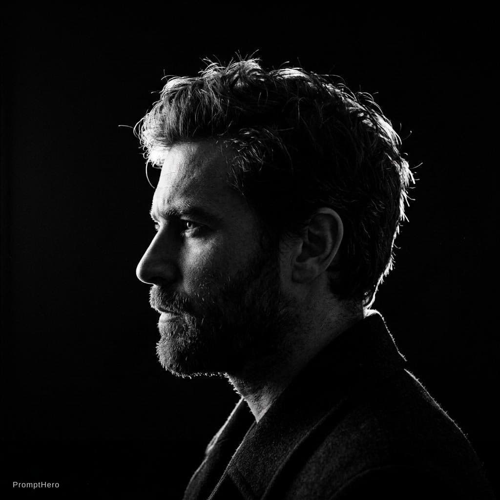 AI generated: A dramatic black and white profile portrait of a man, intense rim lighting, deep shadows, cinematic ...