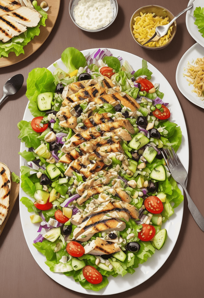 AI generated: Create a plate with grilled golden chicken salad, the plate includes lettuce, tomato, cucumber and b...