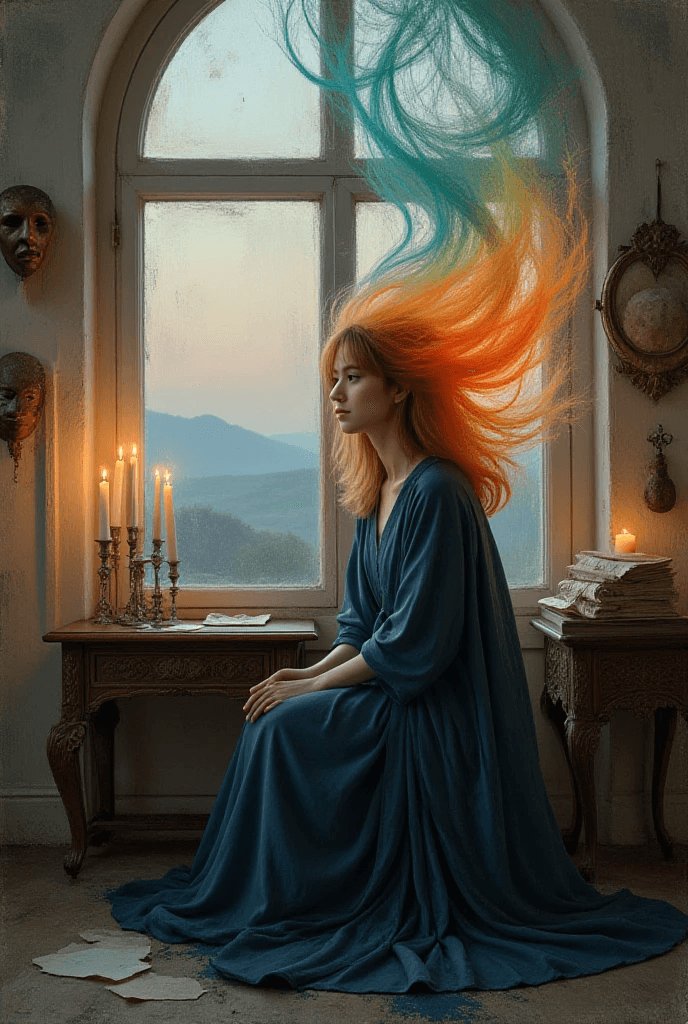 AI generated: A hyperrealistic, yet dreamlike, depiction of a woman seated in a dimly lit room.  The setting is an...
