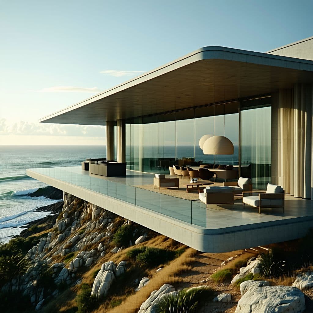 AI generated: Hyper realistic eye level exterior photo of a mid century modern style house overlooking the ocean, ...