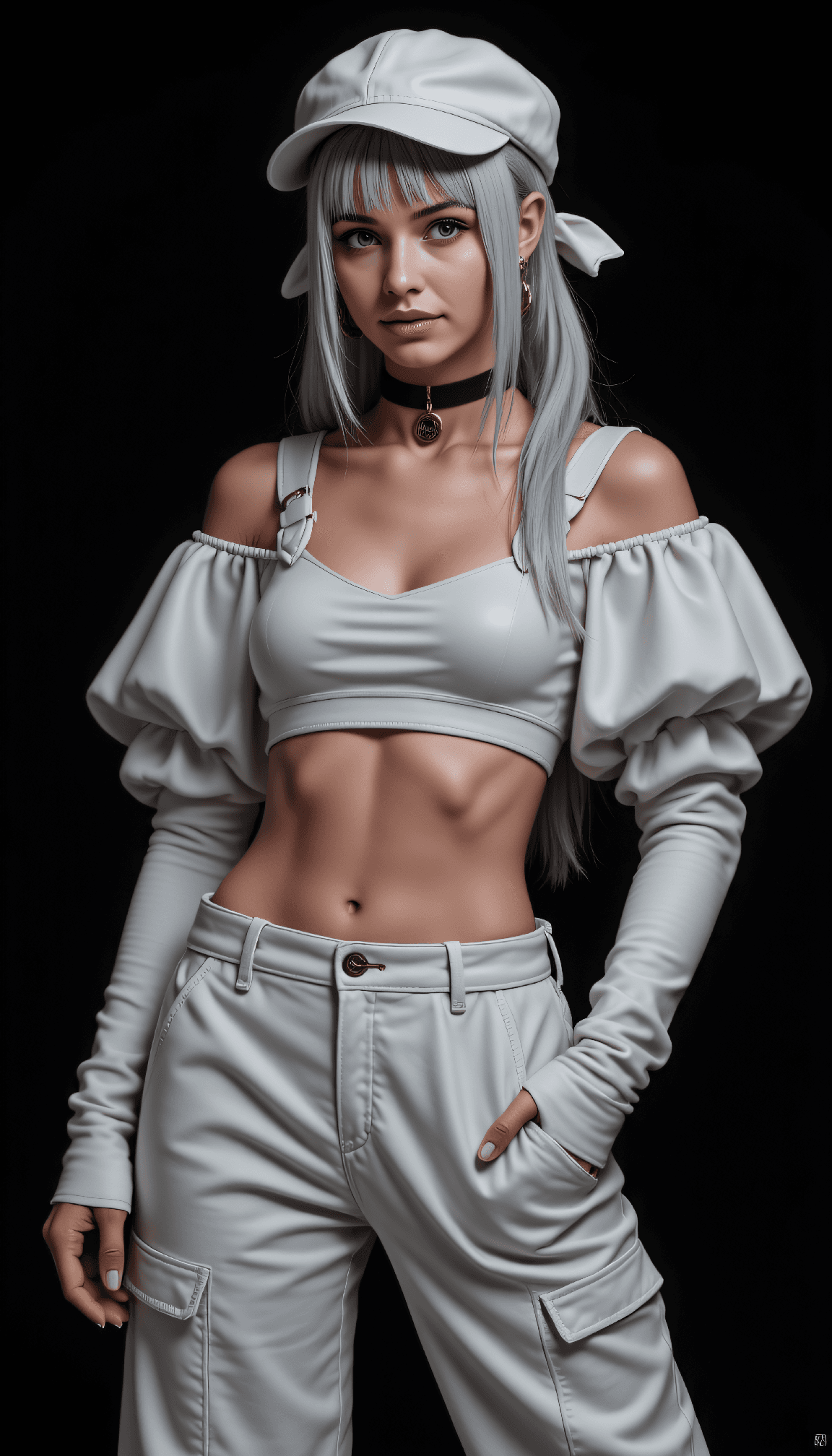 AI generated: 1girl, solo, dynamic pose, white avant-garde outfit, cropped jacket with puffy sleeves, white wide-l...
