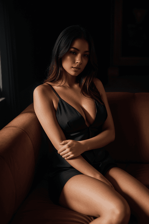 AI generated: photography, dimly lit room with a hazy atmosphere, capturing a female figure lounging a deep crimso...