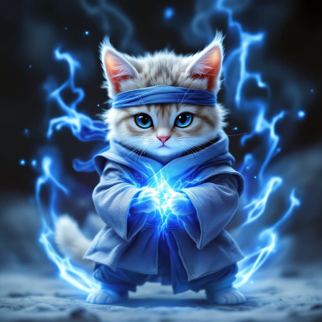 AI generated: anthropomorphic cute cat wearing [mage outfit: gray ninja jacket, gray ninja pants, blue scale glove...
