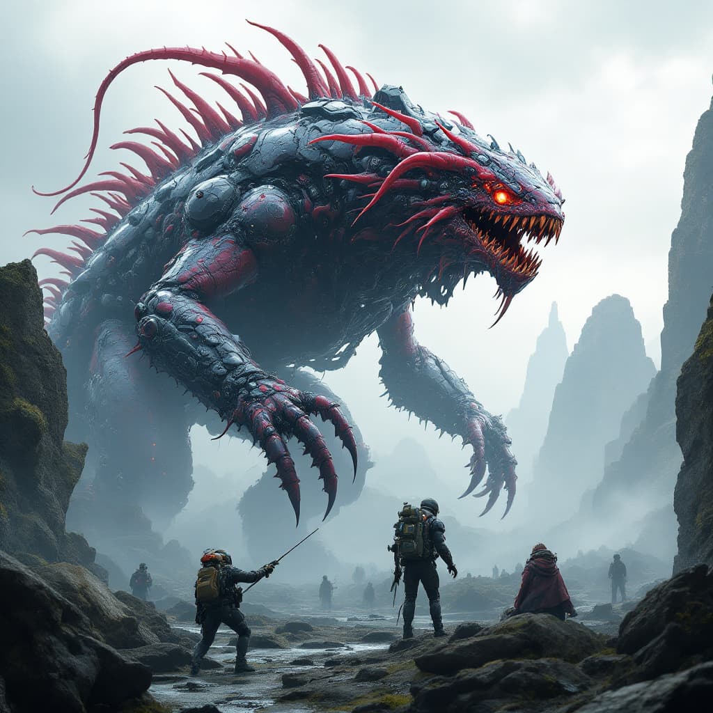 AI generated: Create a giant biomechanical kaiju invasion, axolotl cyberpunk features, 98 therefore of length, Ant...