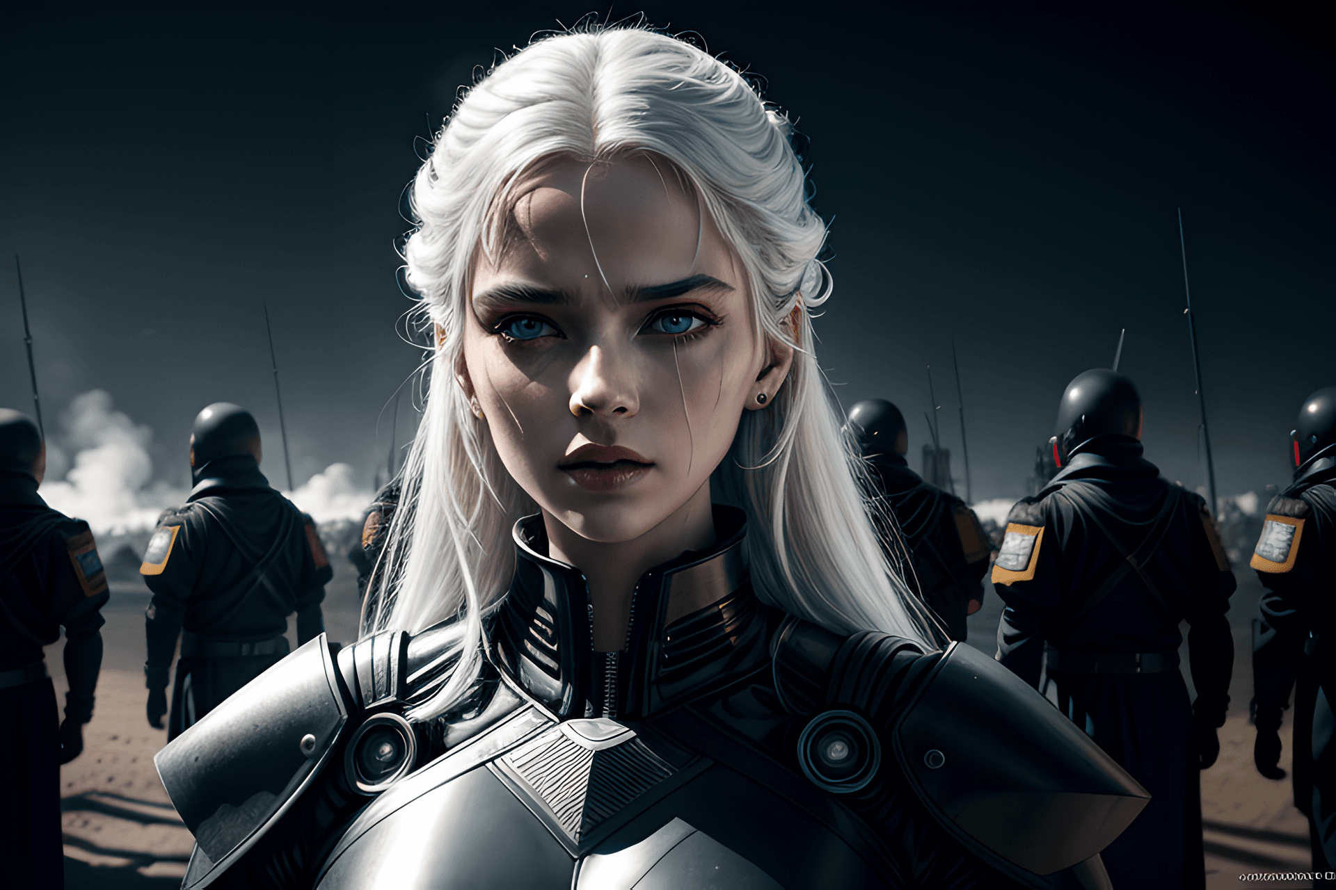 AI generated: a beautiful white-haired queen, future themed, ((wearing black formal clothes, black mechanical outf...