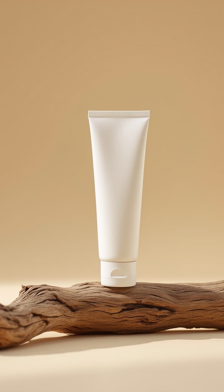 AI generated: Shoot from a low angle, looking up at the product photography, in muji style, a white skinny cream t...